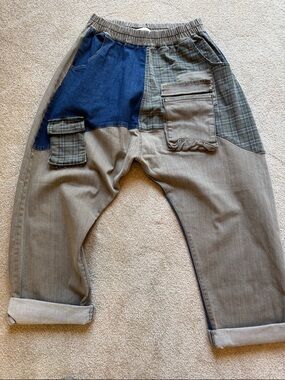 Patchwork Cargo Jumpsuit Pants in Olive & Navy